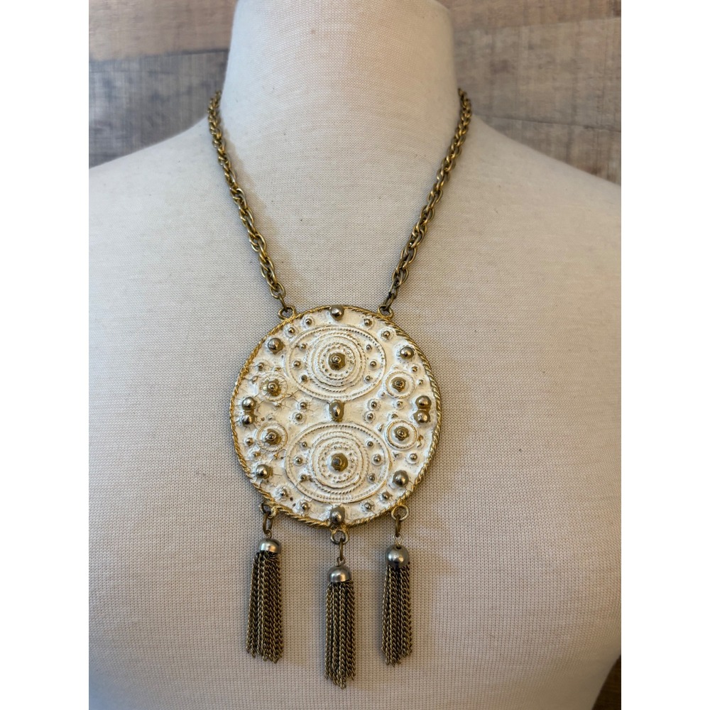 Vintage Gold Tone White Enamel Medallion Tassel Statement Necklace